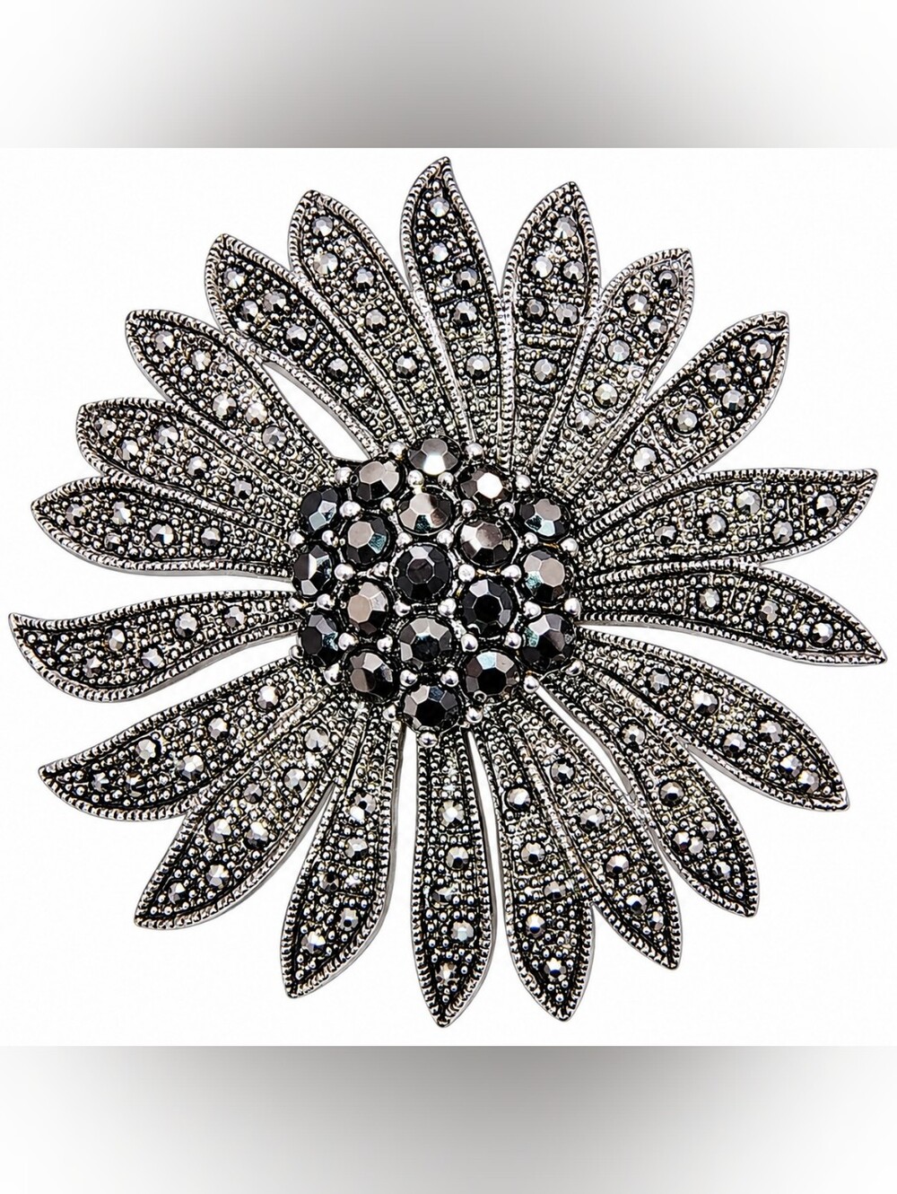 Vintage-Style Black Crystal Marcasite Flower Brooch Silver Tone 2.5"